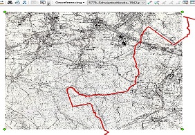 Problem z wyświetleniem zdjęcia: „Wpasowany arkusz Messtischblatt 5779 w układ współrzędnych 1992 z granicami Katowic”
